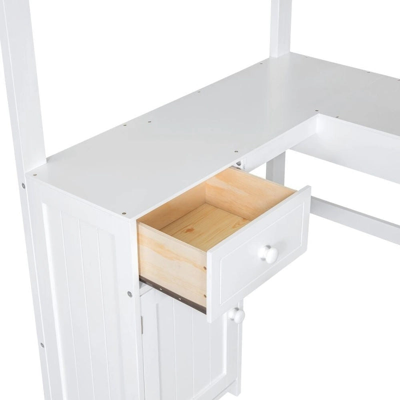 Lit mezzanine simple avec bureau en U, tiroirs et étagères de rangement