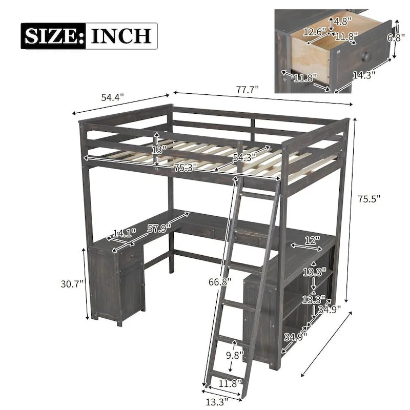 Lit mezzanine simple avec bureau en U, tiroirs et étagères de rangement