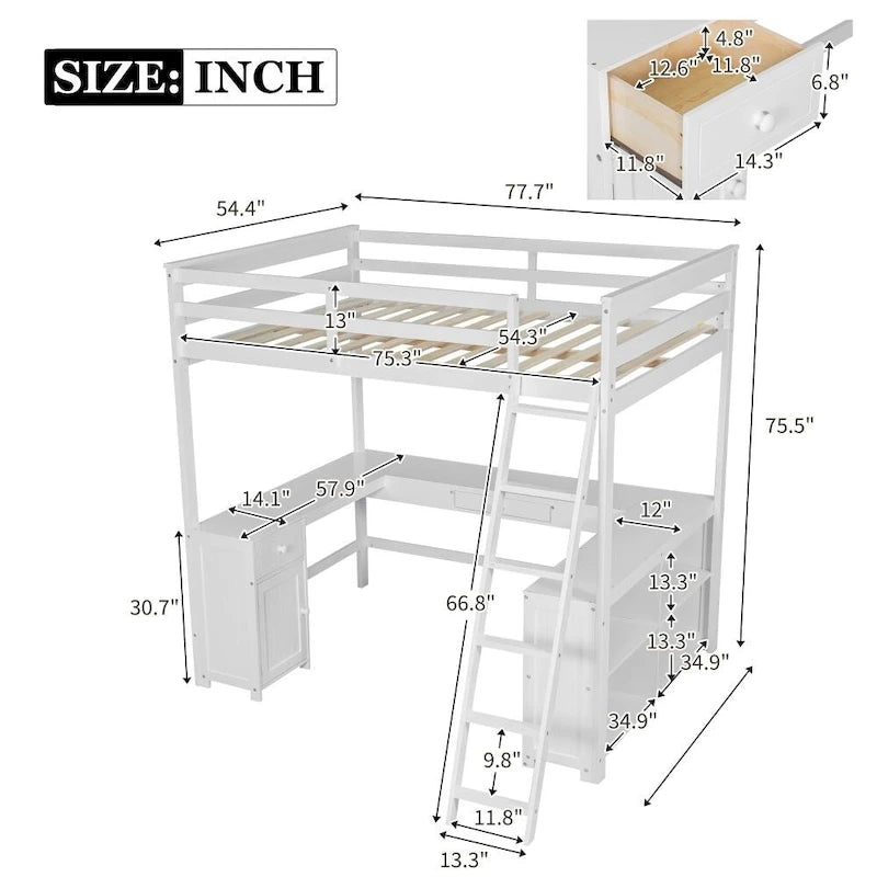 Lit mezzanine simple avec bureau en U, tiroirs et étagères de rangement