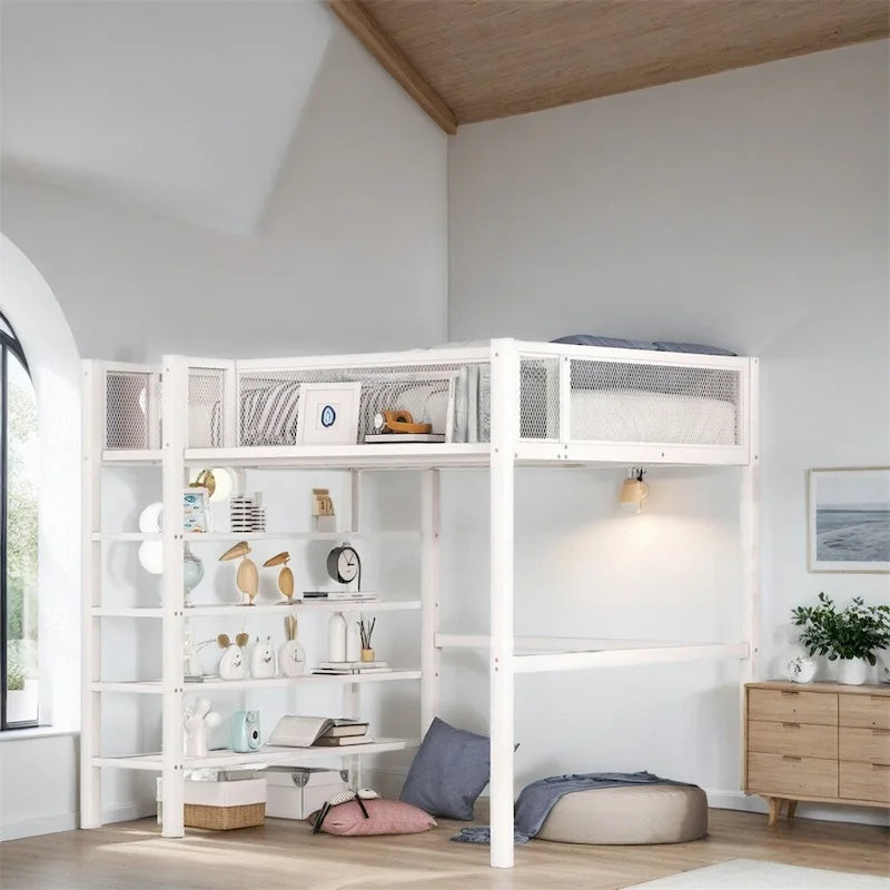 Lit mezzanine en métal de taille double moderne avec étagères à 4 niveaux et rangement