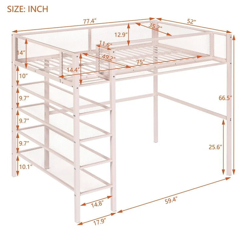 Lit mezzanine en métal de taille double moderne avec étagères à 4 niveaux et rangement