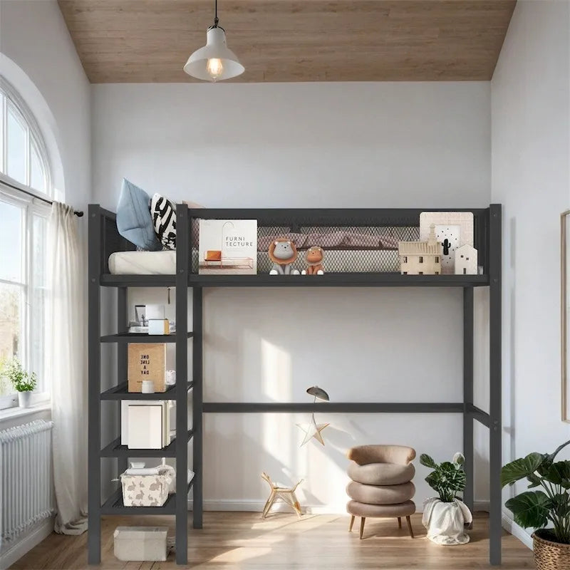 Lit mezzanine en métal de taille double moderne avec étagères à 4 niveaux et rangement