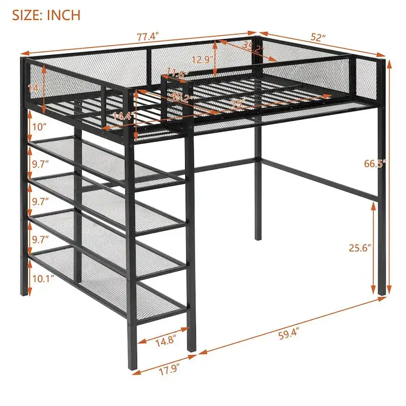 Lit mezzanine en métal de taille double moderne avec étagères à 4 niveaux et rangement