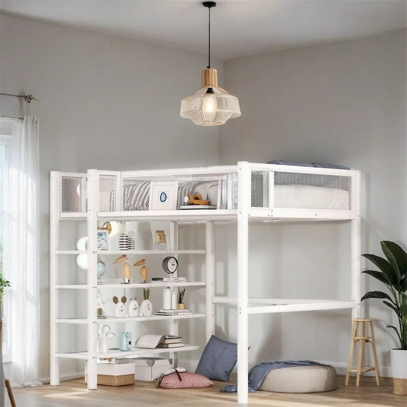 Lit mezzanine en métal de taille double moderne avec étagères à 4 niveaux et rangement