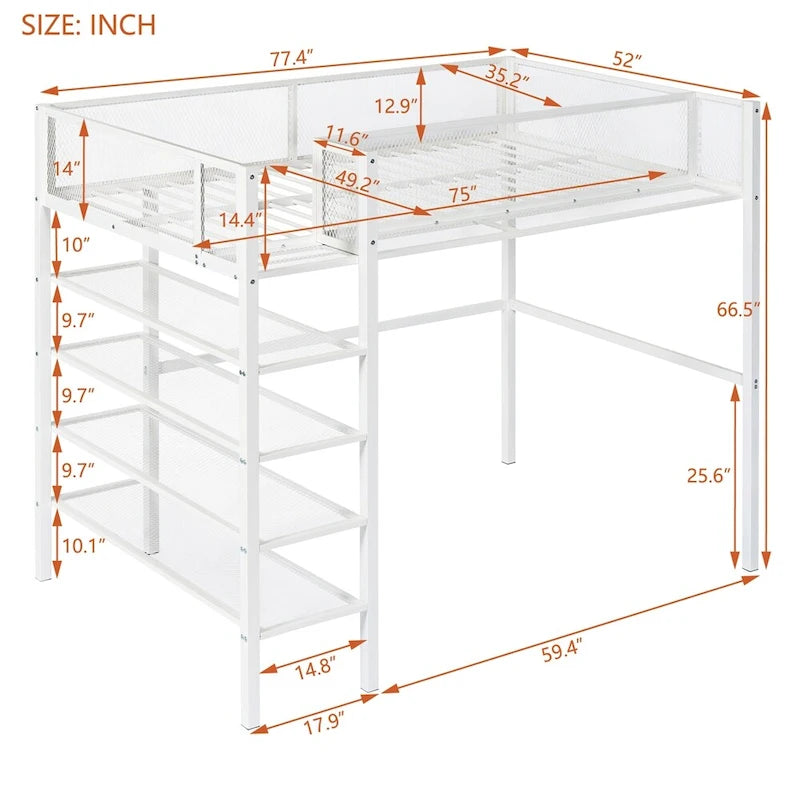Lit mezzanine en métal de taille double moderne avec étagères à 4 niveaux et rangement