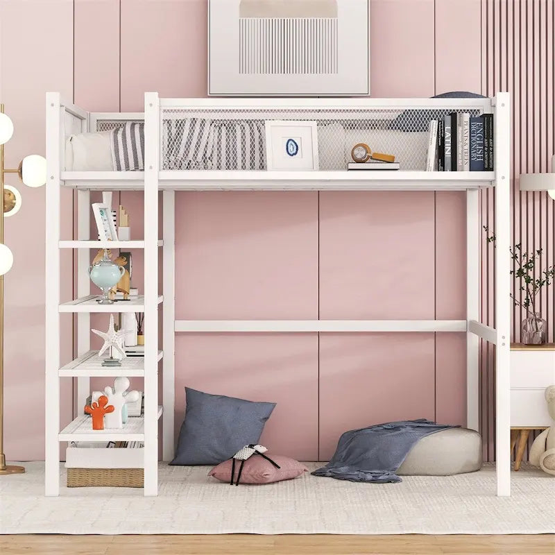 Lit mezzanine en métal de taille double moderne avec étagères à 4 niveaux et rangement