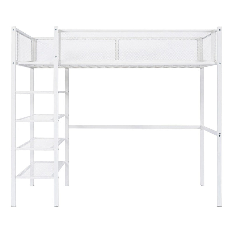 Lit mezzanine en métal de taille double moderne avec étagères à 4 niveaux et rangement