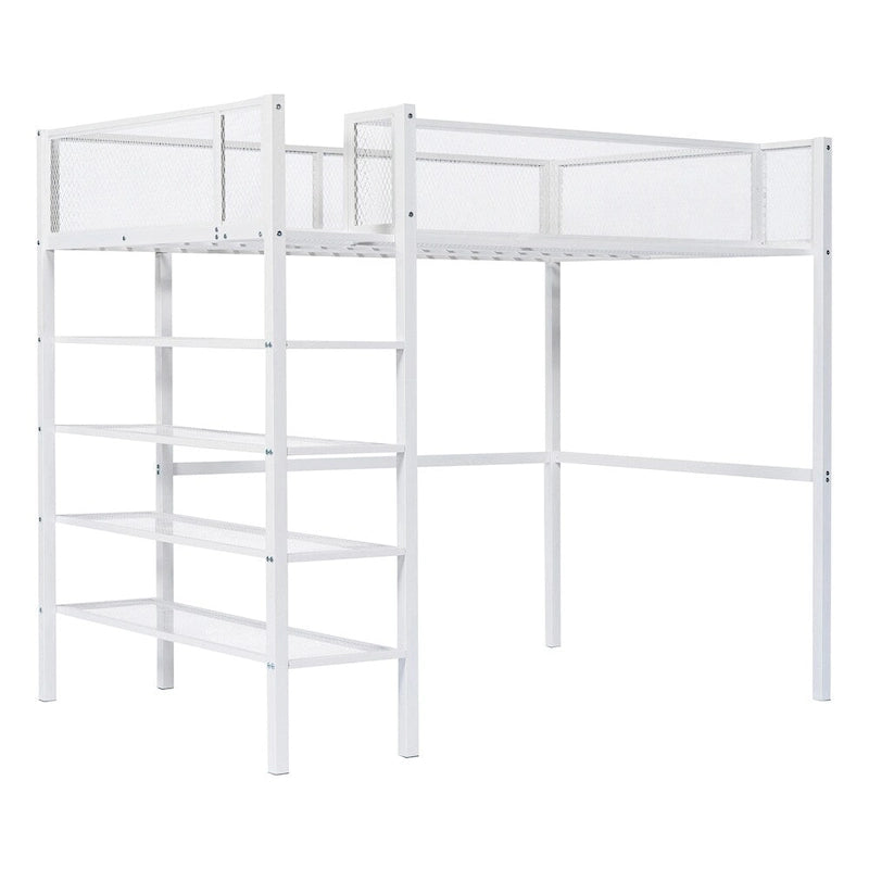 Lit mezzanine en métal de taille double moderne avec étagères à 4 niveaux et rangement