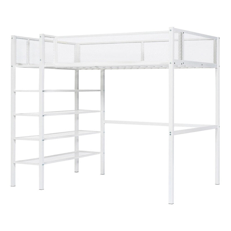 Lit mezzanine en métal de taille double moderne avec étagères à 4 niveaux et rangement