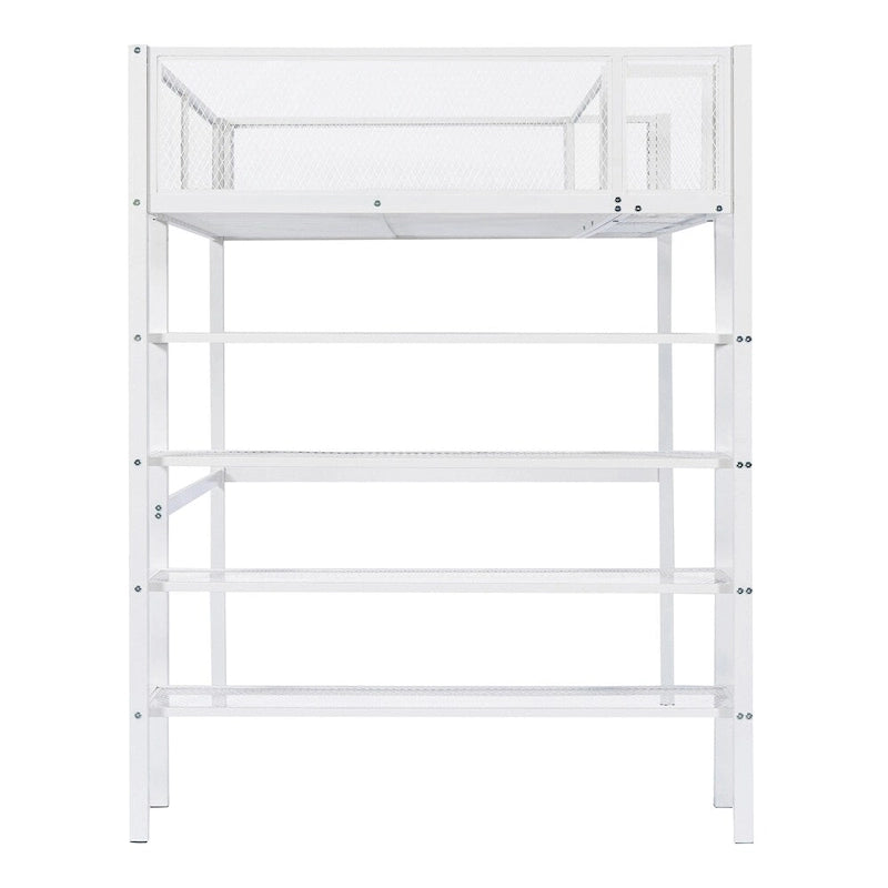 Lit mezzanine en métal de taille double moderne avec étagères à 4 niveaux et rangement