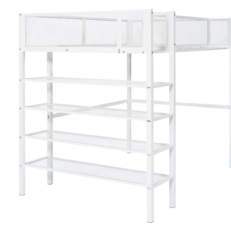 Lit mezzanine en métal de taille double moderne avec étagères à 4 niveaux et rangement