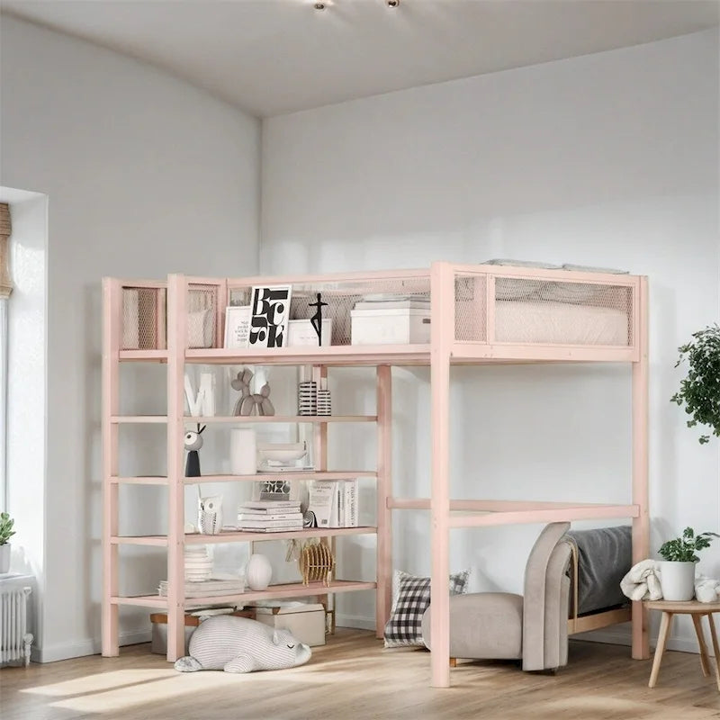 Lit mezzanine en métal de taille double moderne avec étagères à 4 niveaux et rangement