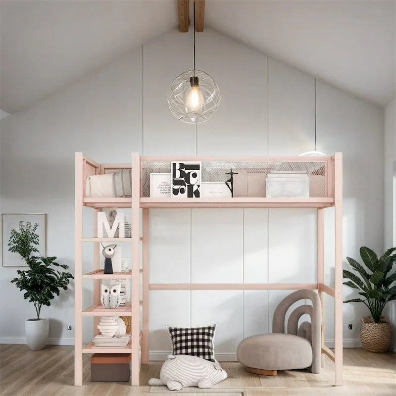 Lit mezzanine en métal de taille double moderne avec étagères à 4 niveaux et rangement