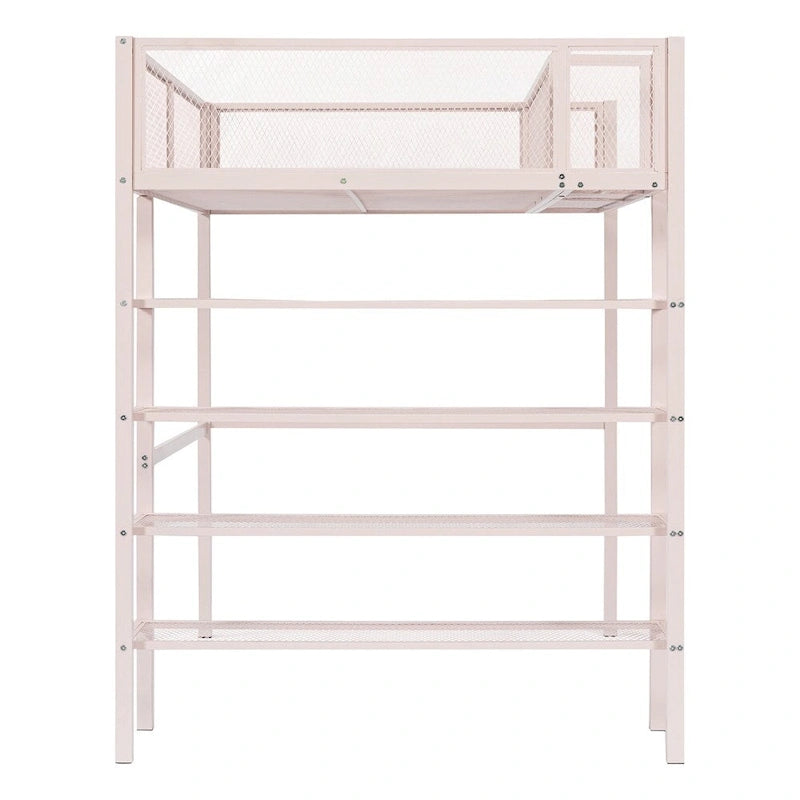 Lit mezzanine en métal de taille double moderne avec étagères à 4 niveaux et rangement