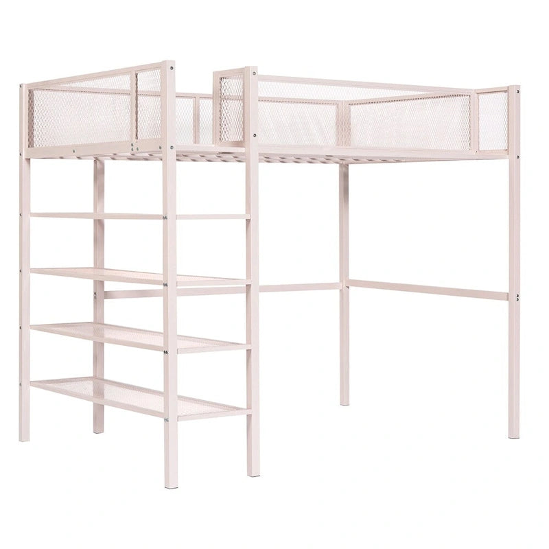 Lit mezzanine en métal de taille double moderne avec étagères à 4 niveaux et rangement