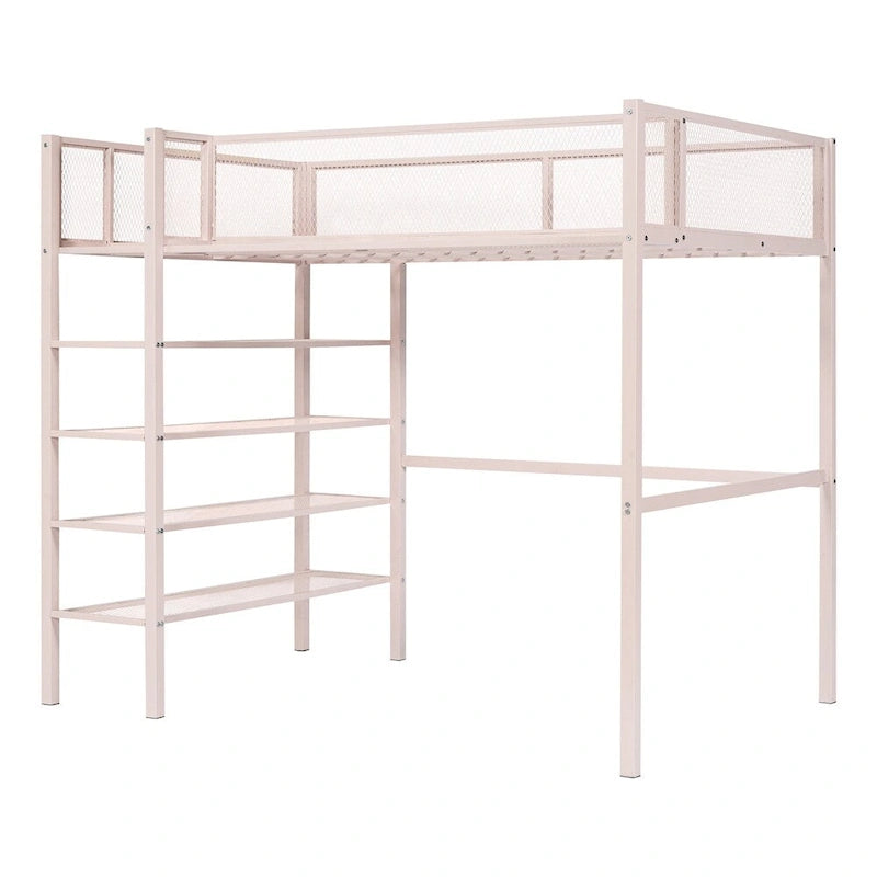 Lit mezzanine en métal de taille double moderne avec étagères à 4 niveaux et rangement