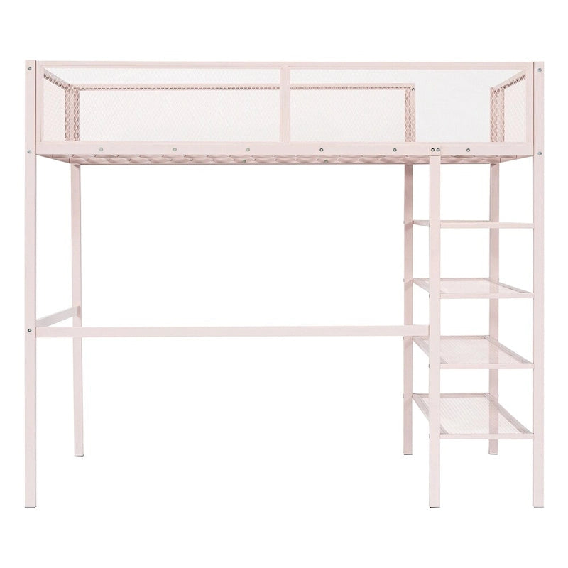 Lit mezzanine en métal de taille double moderne avec étagères à 4 niveaux et rangement