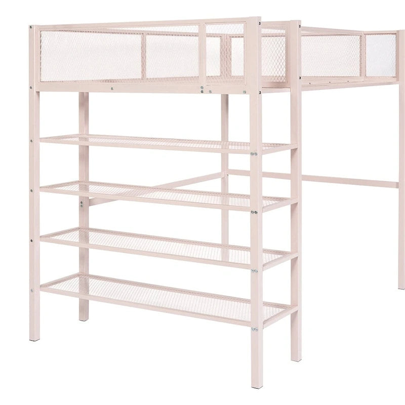 Lit mezzanine en métal de taille double moderne avec étagères à 4 niveaux et rangement