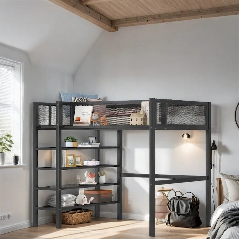 Lit mezzanine en métal de taille double moderne avec étagères à 4 niveaux et rangement