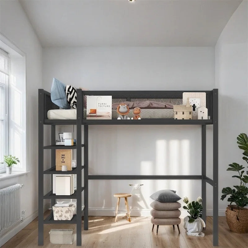 Lit mezzanine en métal de taille double moderne avec étagères à 4 niveaux et rangement