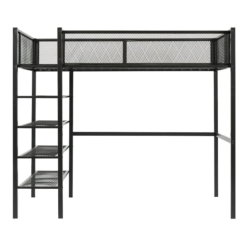 Lit mezzanine en métal de taille double moderne avec étagères à 4 niveaux et rangement
