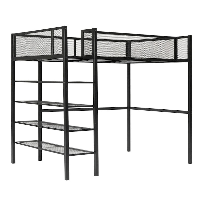 Lit mezzanine en métal de taille double moderne avec étagères à 4 niveaux et rangement