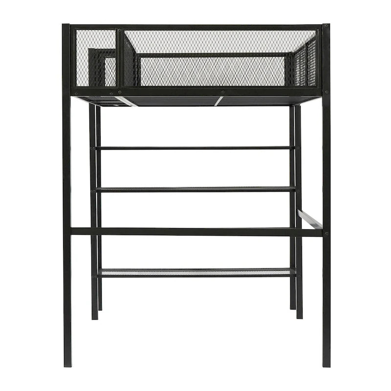 Lit mezzanine en métal de taille double moderne avec étagères à 4 niveaux et rangement