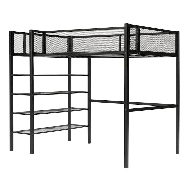 Lit mezzanine en métal de taille double moderne avec étagères à 4 niveaux et rangement
