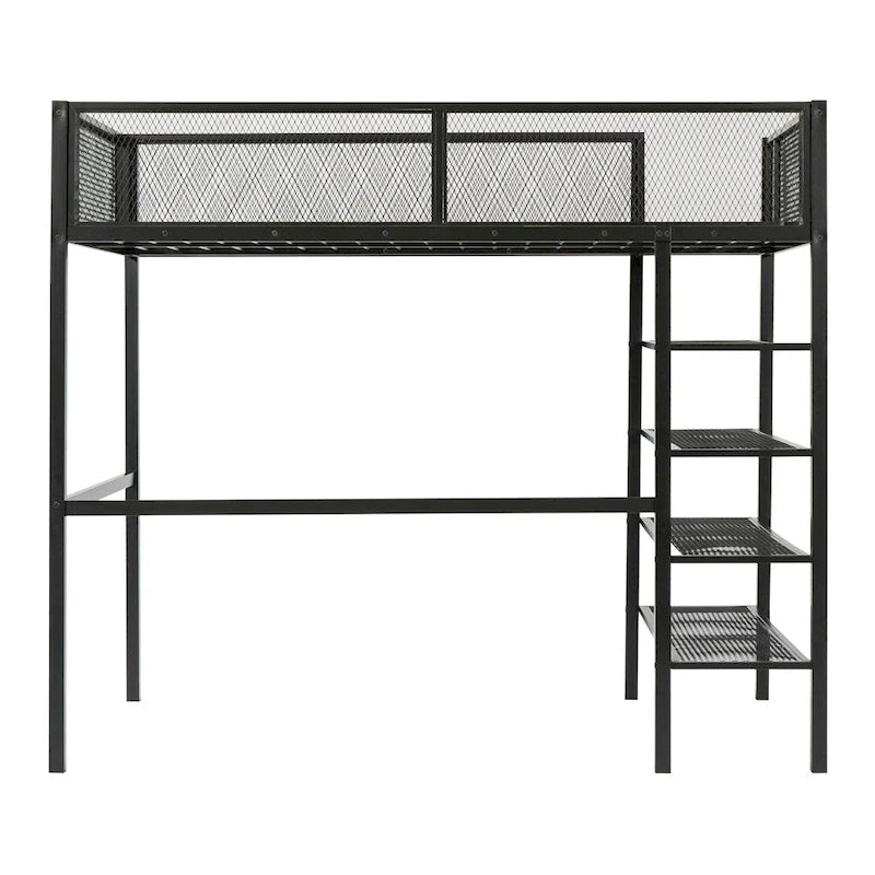 Lit mezzanine en métal de taille double moderne avec étagères à 4 niveaux et rangement