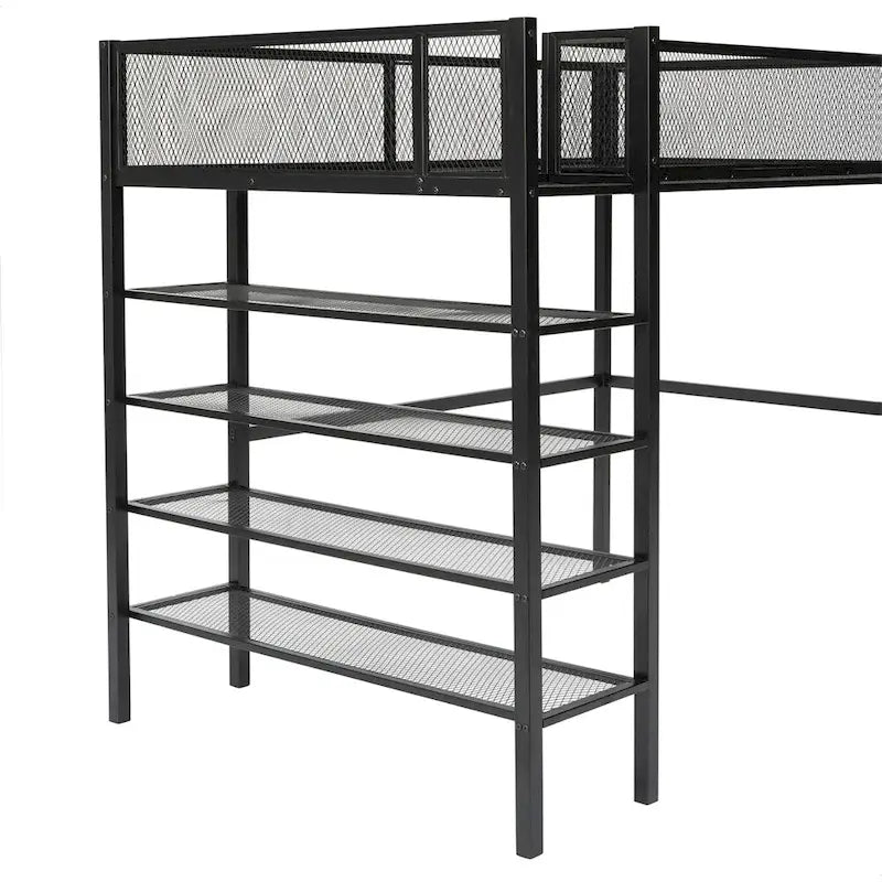 Lit mezzanine en métal de taille double moderne avec étagères à 4 niveaux et rangement