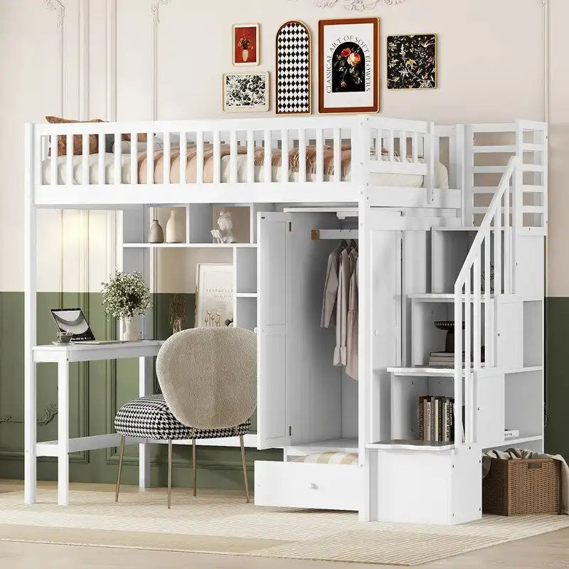 Lit mezzanine une place avec bibliothèque, tiroirs, bureau et armoire