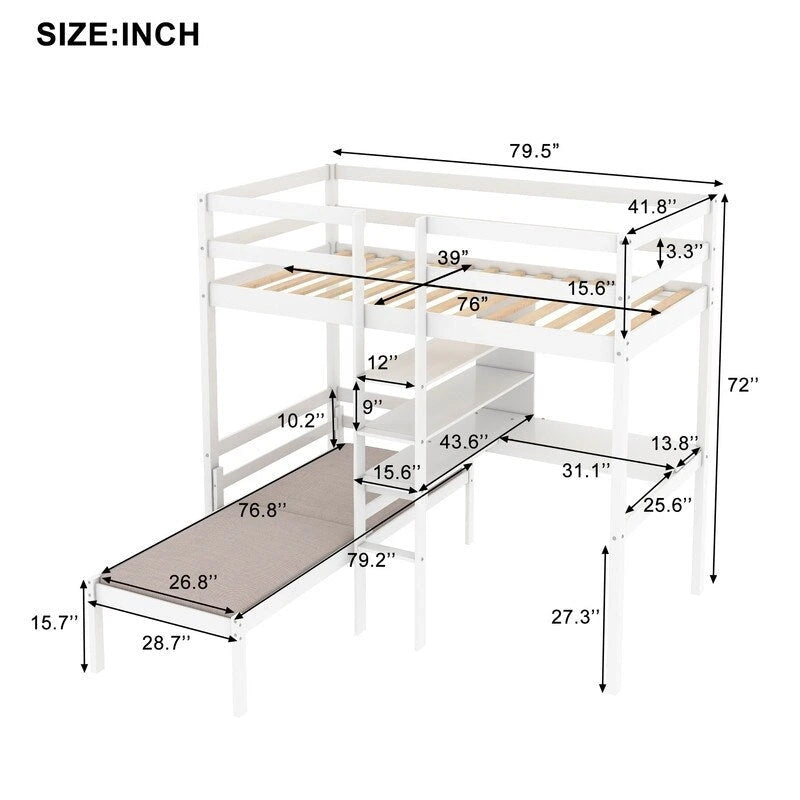 Lit mezzanine double convertible avec bureau en L