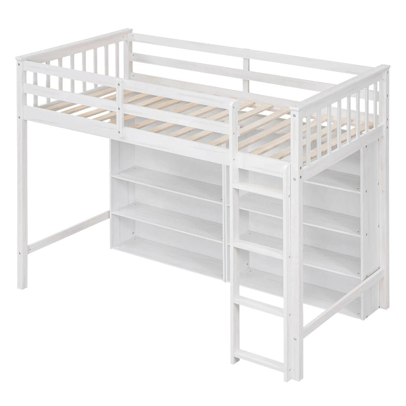 Lit mezzanine pour une personne avec 8 étagères de rangement ouvertes et échelle intégrée