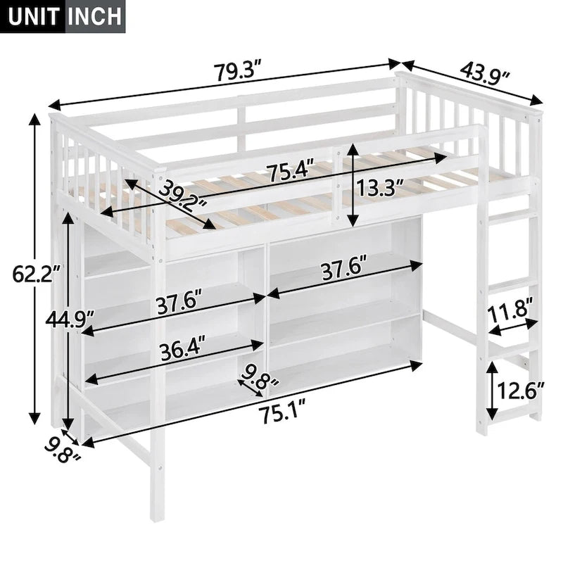Lit mezzanine pour une personne avec 8 étagères de rangement ouvertes et échelle intégrée