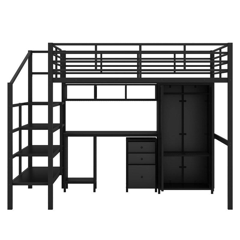 Lit mezzanine en métal avec armoire, table, tiroir et échelle à 4 marches