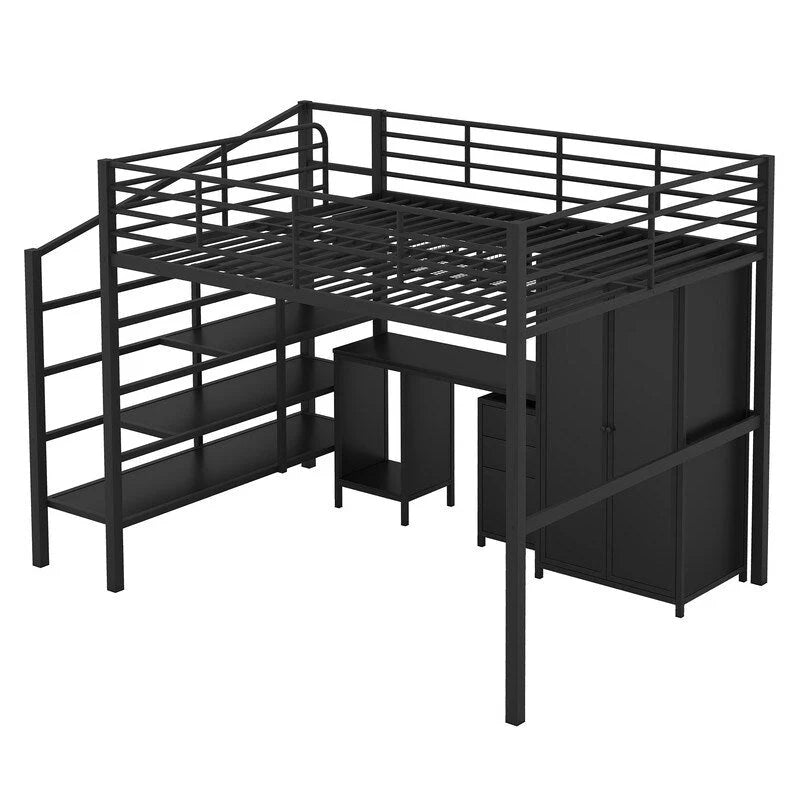 Lit mezzanine en métal avec armoire, table, tiroir et échelle à 4 marches