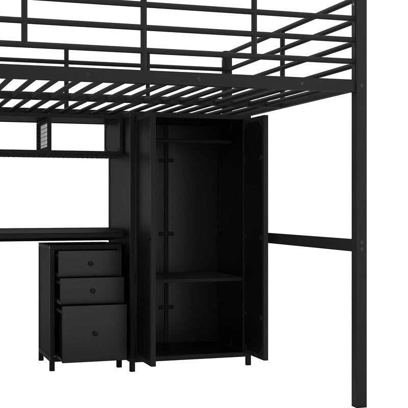 Lit mezzanine en métal avec armoire, table, tiroir et échelle à 4 marches