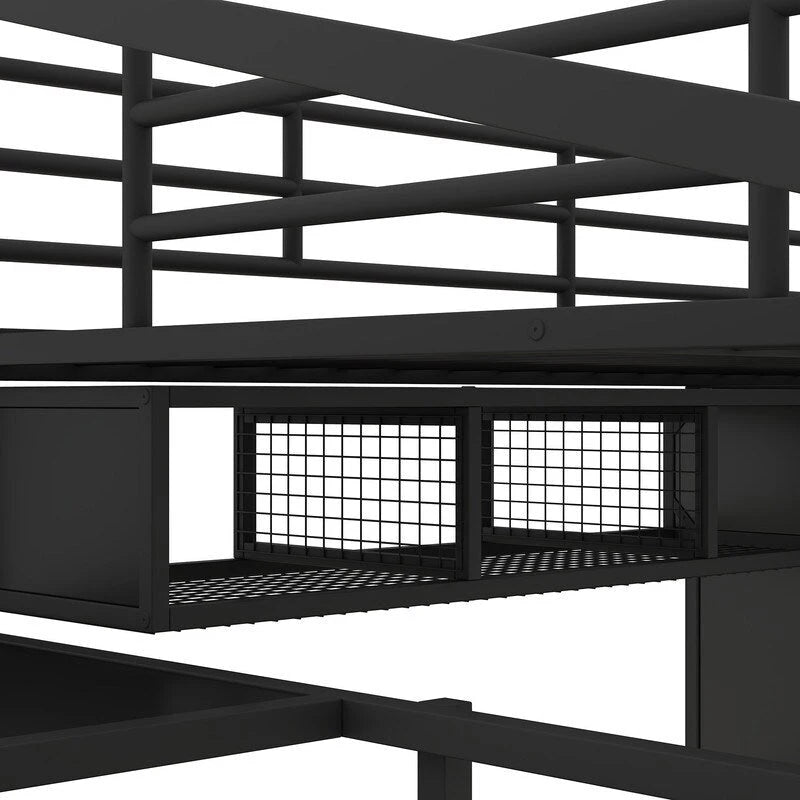 Lit mezzanine en métal avec armoire, table, tiroir et échelle à 4 marches
