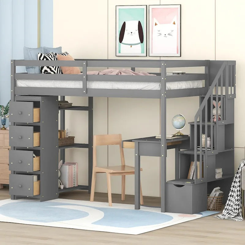 Lit mezzanine double avec bureau et escalier de rangement, cadre de lit en bois peu encombrant avec tiroirs et étagères, pour adolescents et adultes