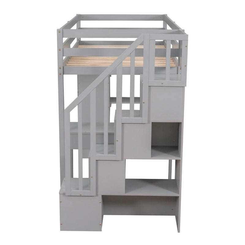 Lit mezzanine double avec bureau et escalier de rangement, cadre de lit en bois peu encombrant avec tiroirs et étagères, pour adolescents et adultes