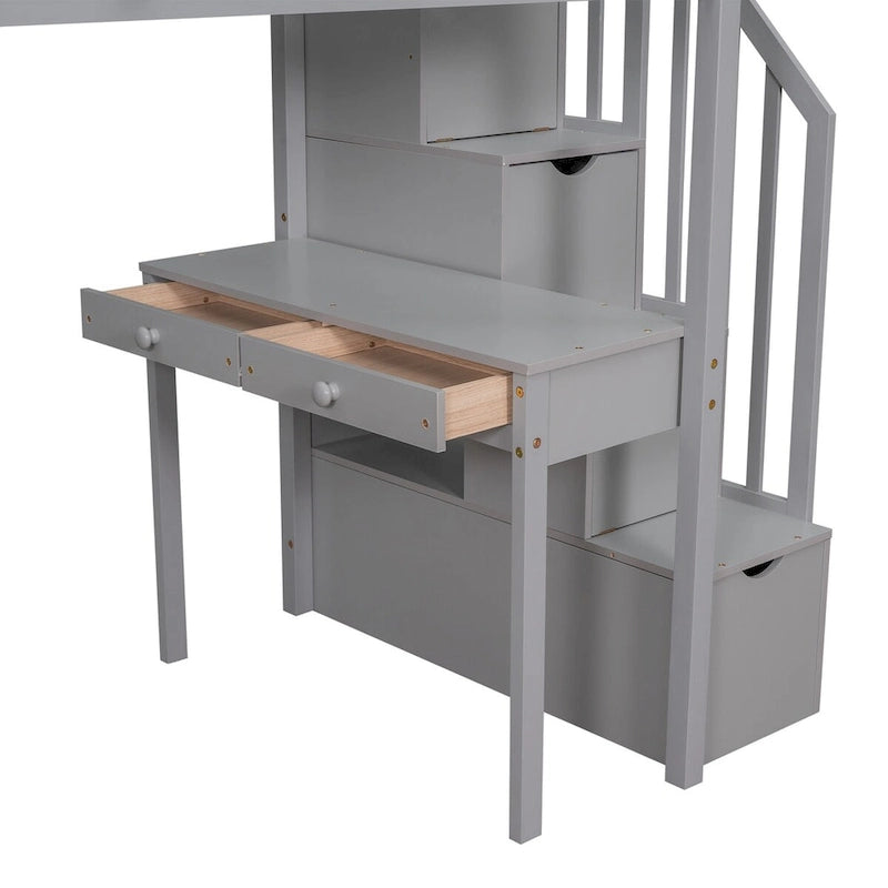 Lit mezzanine double avec bureau et escalier de rangement, cadre de lit en bois peu encombrant avec tiroirs et étagères, pour adolescents et adultes