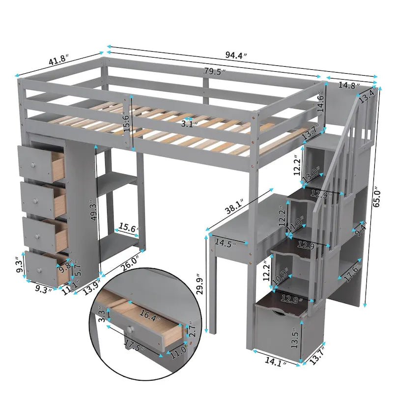 Lit mezzanine double avec bureau et escalier de rangement, cadre de lit en bois peu encombrant avec tiroirs et étagères, pour adolescents et adultes