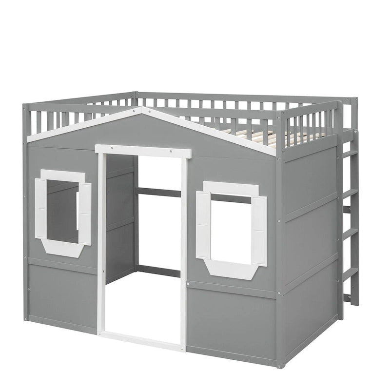 Full Size Creativity House Bed Wood Loft Bed with Ladder