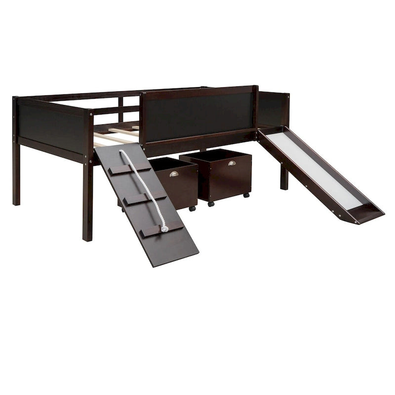 Espresso Pine Loft Bed with Climbing Frame, Rope, and Chalkboard - Twin Size with Slide