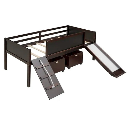 Espresso Pine Loft Bed with Climbing Frame, Rope, and Chalkboard - Twin Size with Slide