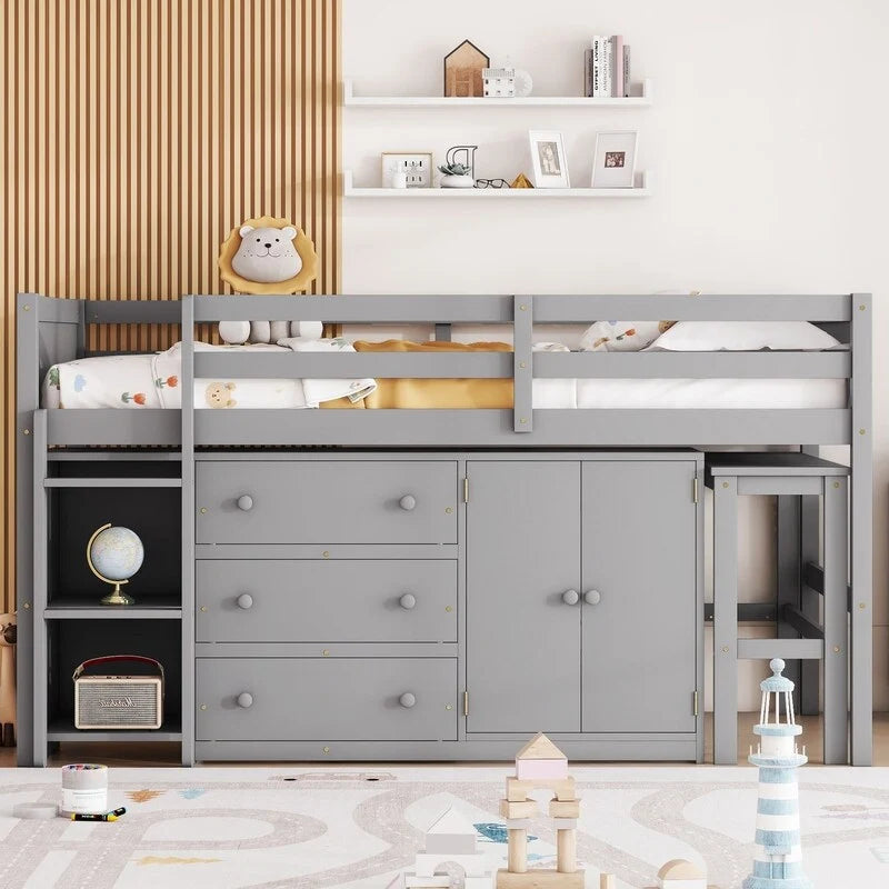 Twin Size Low Loft Bed With Pull-Out Desk, Drawers, Cabinet, and Shelves