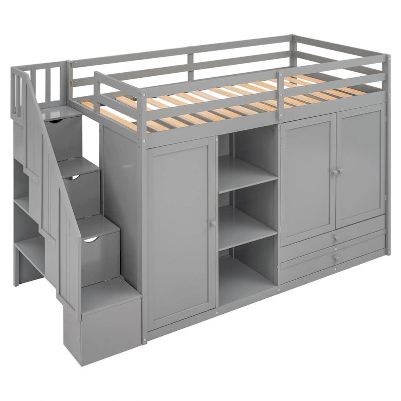 Lit mezzanine une place avec 3 étagères, 2 armoires et 2 tiroirs, échelle avec rangement, sans sommier tapissier