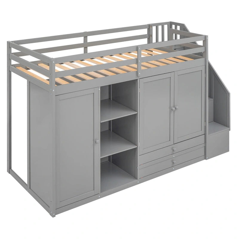 Lit mezzanine une place avec 3 étagères, 2 armoires et 2 tiroirs, échelle avec rangement, sans sommier tapissier