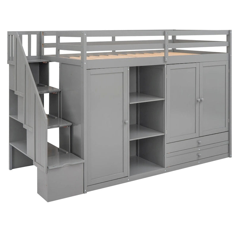 Lit mezzanine une place avec 3 étagères, 2 armoires et 2 tiroirs, échelle avec rangement, sans sommier tapissier