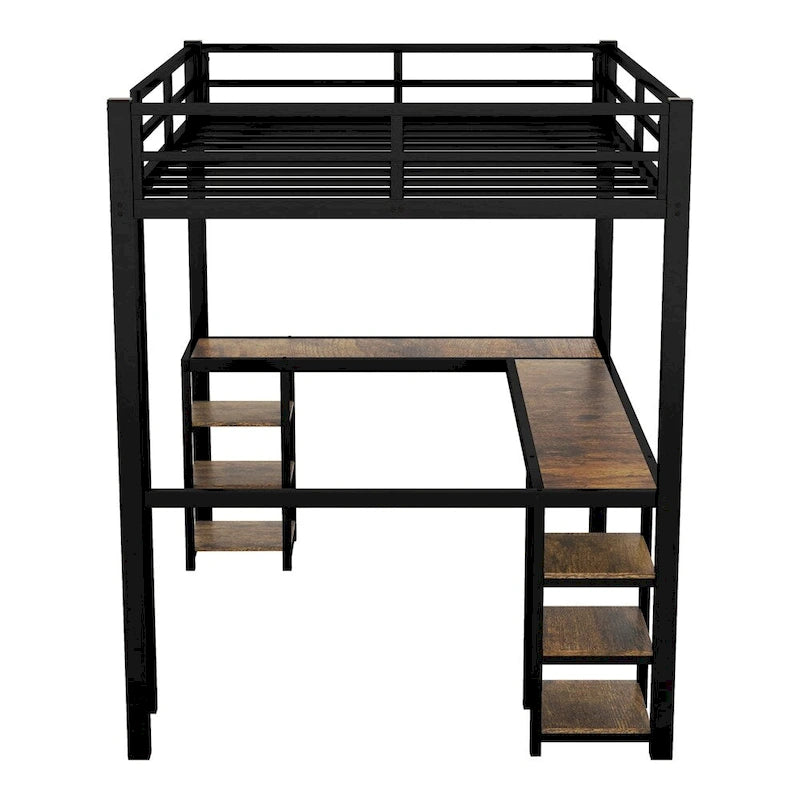 Full Metal Loft Bed with Desk and Shelves, Ladder and Guardrails